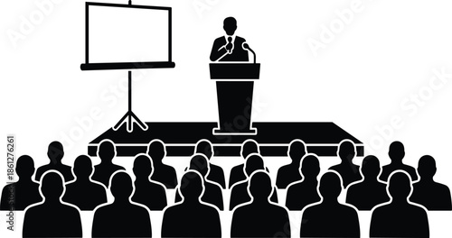 Public Speaker Silhouette at Podium and Audience Vector, Business Presentation, Conference, Seminar, Training, Event, Meeting Icon