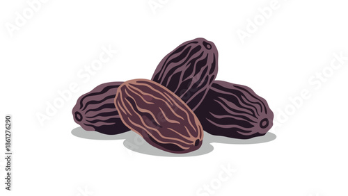 A minimalist digital illustration featuring a small cluster of dried grapes, commonly called raisins, emphasizing their distinct wrinkled texture