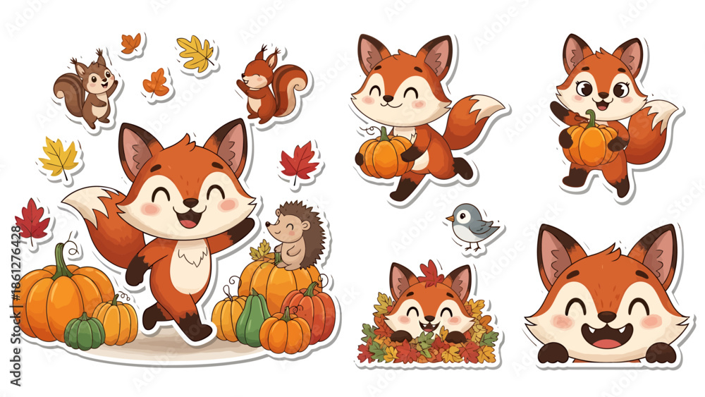 Obraz premium Charming cartoon foxes enjoying the vibrant autumn season, surrounded by pumpkins, playful squirrels, and colorful fall leaves in this delightful illustration set