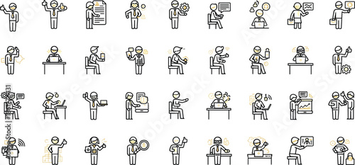 Business activity icons, office tasks, tech interaction, productivity symbols, digital workflow, cartoon style, flat design, vector illustration