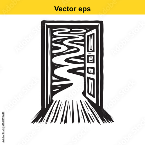 Abstract black and white open door illustration with a wavy path and radiant light