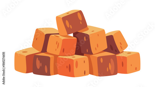 A vibrant digital illustration showcasing a playful stack of abstract textured orange and brown cubic forms, creating a captivating visual