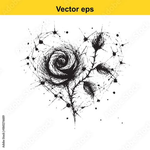 Abstract grunge sketch of a thorny rose inside a heart symbol, representing dark romance