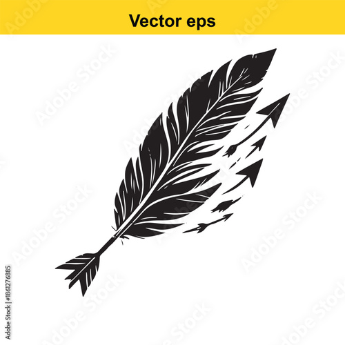 Graphic illustration of a feather silhouette breaking apart into multiple flying arrows