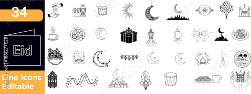 Diverse set of 34 editable line icons representing eid al-fitr and ramadan celebrations