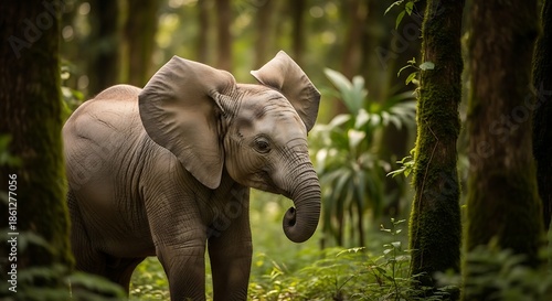 A young, grey pachyderm stands among towering trees in a lush, green forest, bathed in dappled sunlight. Its ears are large