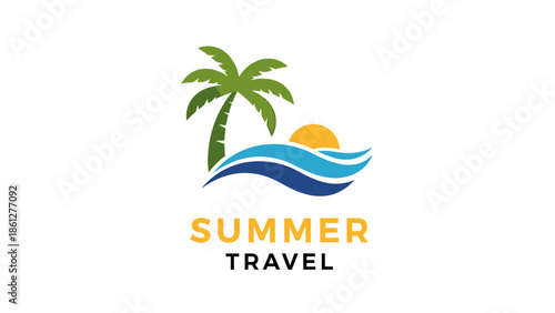 A bright and clean vector illustration embodying the joy of summer travel, featuring a tropical palm tree, a brilliant sun, and rhythmic ocean waves, ideal for holiday themes
