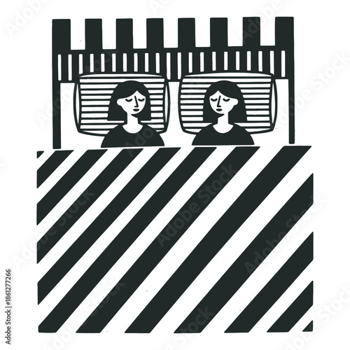 Two figures in bed sleeping under a heavy striped duvet