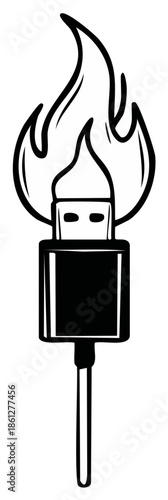 Stylized USB connector engulfed in flame. Cable illustration for power, data, and intensity of information connectivity