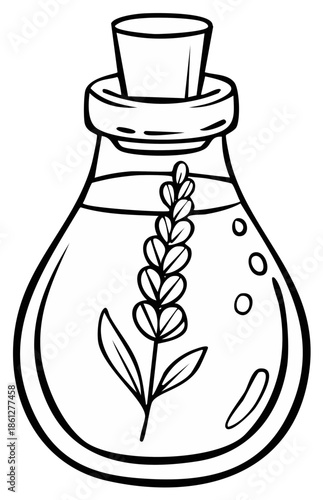 Illustration of a potion bottle with a flower inside, outline