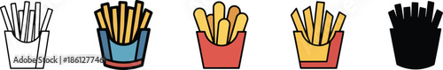 French Fries Icon Set Illustration – Fast Food Potato Snack Collection, Takeaway Restaurant Symbols, Minimal Vector Design