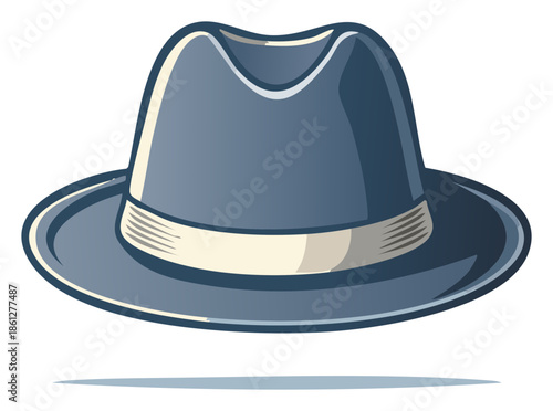 Classic blue fedora hat with a cream band and grey stripe detail creating a stylish accessory