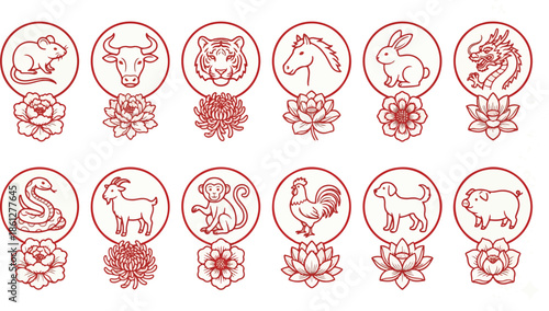  traditional chinese zodiae  animal  signs set  with  ftoral element red line art vactor  illustration for  lunar new year  calender , asian ,astology horoscope icon and oriental decorative design