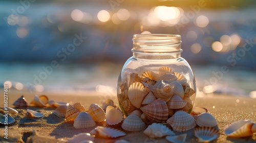 Glass Jar Of Seashells On A Sandy Beach At Sunset