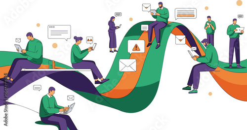 Digital communication flow, network interaction, mobile connectivity, information exchange, tech lifestyle, online alerts, modern interface, flat vector illustration