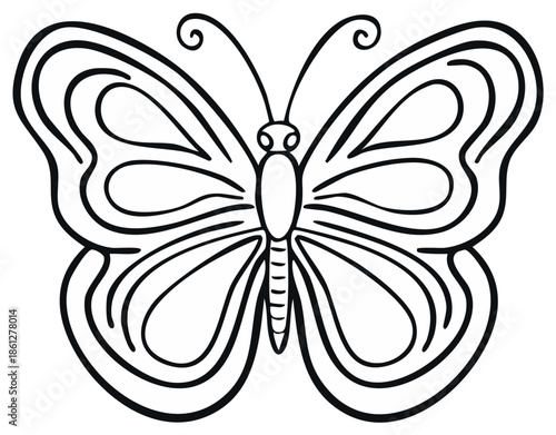 Stylized black and white butterfly outline drawing with elegant wing patterns and antennae