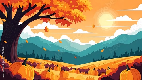 Autumn landscape illustration with pumpkin patch, orange trees, and mountains under a warm sunset sky, fall season farm field background.