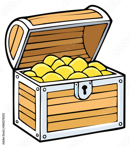 Open cartoon treasure chest overflowing with gleaming gold coins illustration