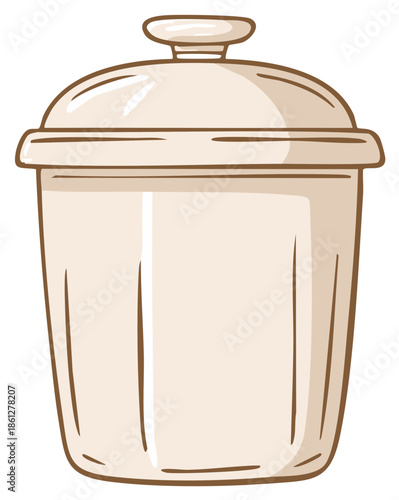 Hand drawn cartoon illustration of a beige ceramic crock pot with a lid