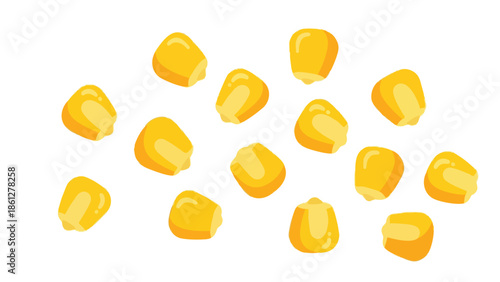 A vibrant scattering of plump, golden maize kernels rendered in a crisp, clean illustrative style against a stark white backdrop, evoking