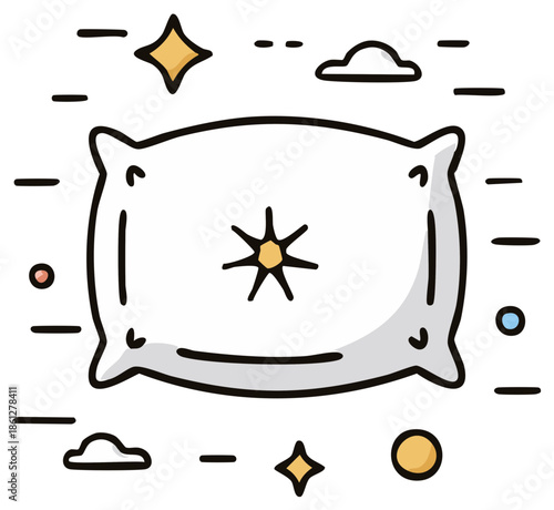 Cartoon pillow with star design and decorative elements. Vector illustration.