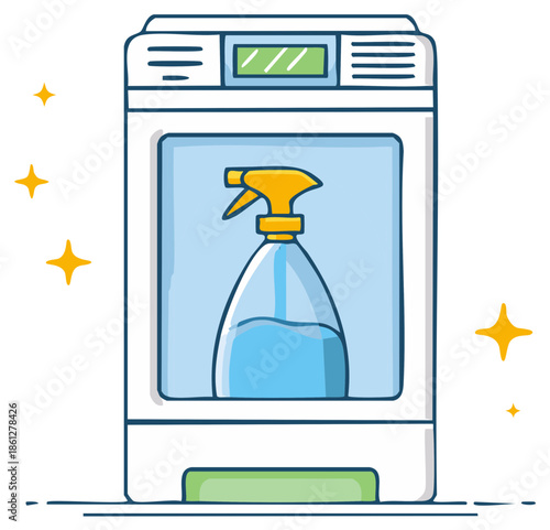 Sanitizing Dispenser Cartoon with Spray Bottle Disinfectant and Sparkling Stars for Virus Protection