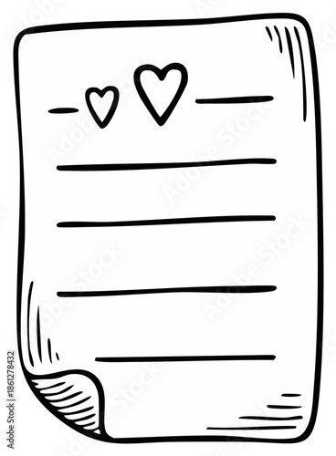 Hand drawn doodle illustration of a love letter with two hearts on a lined paper sheet sketch