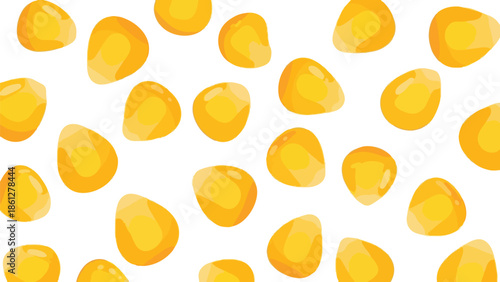 Vibrant cartoon corn kernels scattered on white, bright yellow sweet maize pattern, fresh grain food background