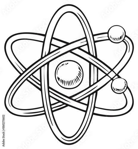 Stylized Atom Symbol with Orbits and Electrons Black and White Illustration