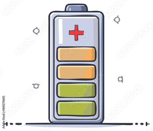 Hand-drawn battery illustration with a partial charge level indicator. Cartoon vector icon representing power and energy status.