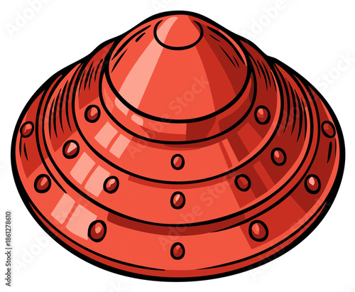 Stylized Illustration of a Red Scallop Seashell with Raised Bumps and Lines