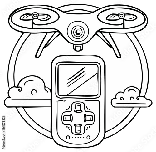 Modern Drone and Remote Controller with Clouds in a Circular Frame Vector Illustration