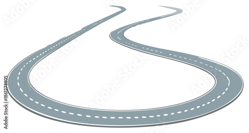 Winding Asphalt Road with White Dashed Lane Lines Stretching into the Distance