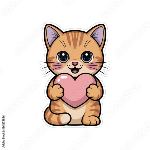 A cute cartoon kitten character with soft fur and a cheerful tail sits in a funny comic drawing illustration of a domestic pet feline animal