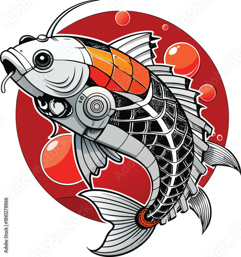 Futuristic cybernetic koi fish mascot with red sun background