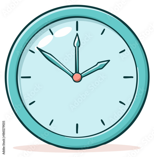 Cartoonish blue wall clock showing ten past two, time concept, deadline, cartoon illustration