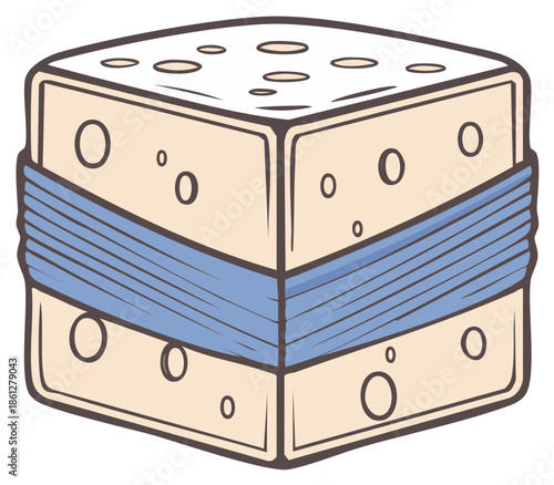Cartoon cheese block with blue band, simplified food illustration
