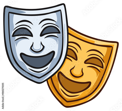 Two smiling theater masks one silver one gold representing comedy and tragedy