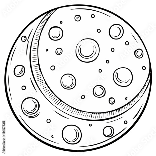 Stylized Moon with Craters and Crescent Shape Outline Drawing