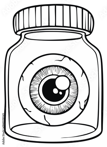 Eyeball Inside Glass Jar Illustration, Creepy Oddity or Specimen, Cartoon Drawing Style