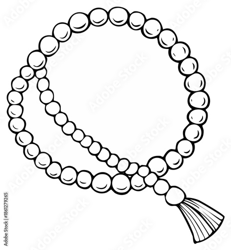 Strand of beads with tassel in black and white illustration for decorative art or design element
