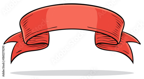 Classic Red Ribbon Banner Scroll in Hand-Drawn Cartoon Style for Design Elements