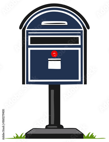 Blue mailbox illustration standing on grass for postal communication