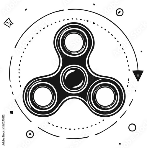 Triangular fidget spinner toy graphic with abstract geometric circular motion elements