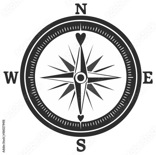 Classic compass rose icon with heart shaped needle pointers vector illustration