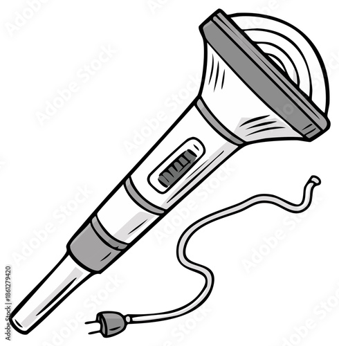 Cartoon illustration of a microphone with a cable and plug isolated on white, audio recording device