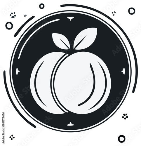 Stylized Silhouette of Two Plums with Leaves Inside a Circle