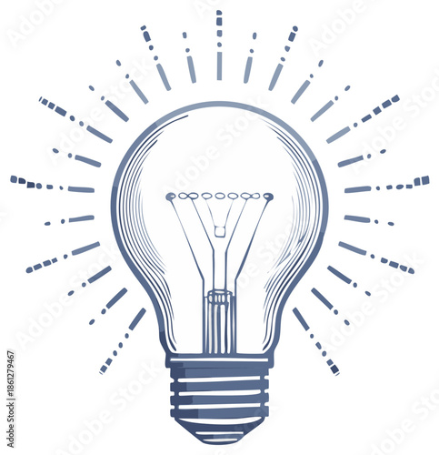 Vintage style illustration of a glowing light bulb with rays representing an idea or creative thought