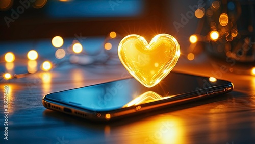 Golden heart-shaped light resting on a smartphone screen placed on a wooden table, emits a warm, soft amber glow that reflects beautifully on the phone surface.