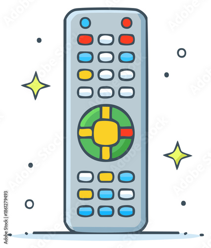 Stylized Cartoon Remote Control with Colorful Buttons and Sparkles